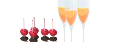 Canapes and champagne flat vector illustration. Gourmet restaurant, prestigious party service. Luxury reception food and drinks, VIP event snacks. Wine glasses and appetizers on serving tray